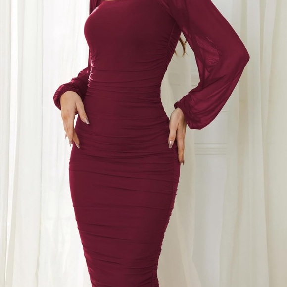Ruched Bodycon Midi Dress, Square Neck Long Puff Sleeve Mesh - Picture 3 of 8